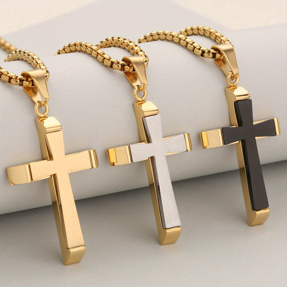 Double Layer Cross Pendant Necklace in Two-Tone Satin-Mirror Finish